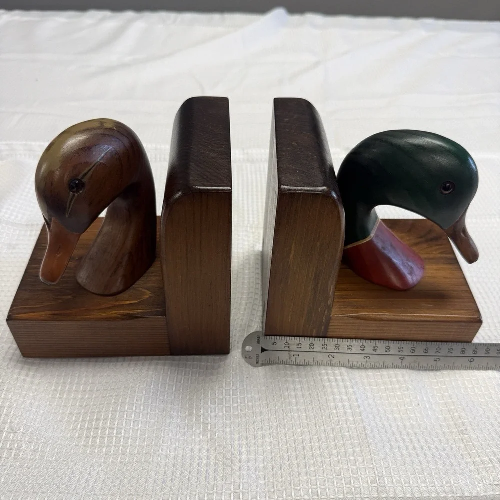 Vintage Wooden Carved Duck Head Glass Eyes Shelf Bookends Mallard MCM Cottage
